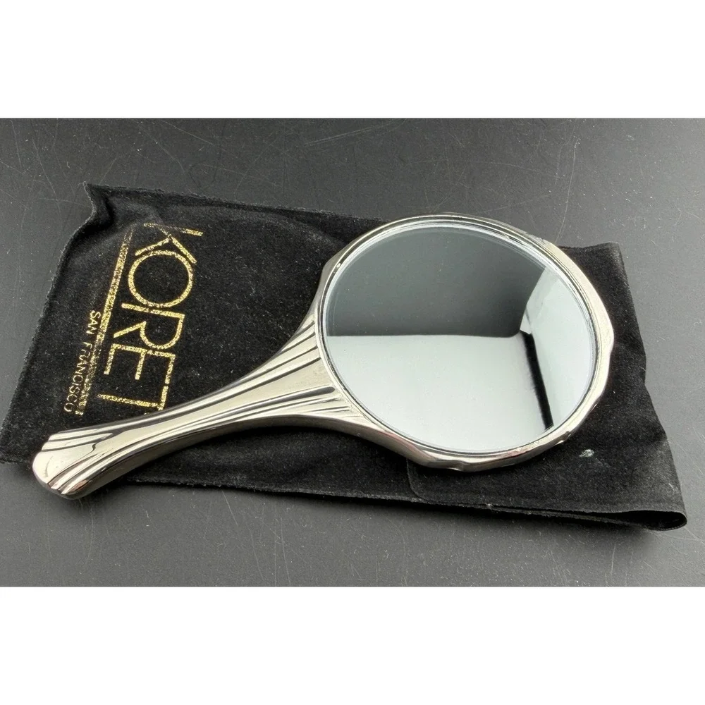 Vintage Koret San Francisco Hand Mirror: Silver Tone Shell with Velvet Pouch